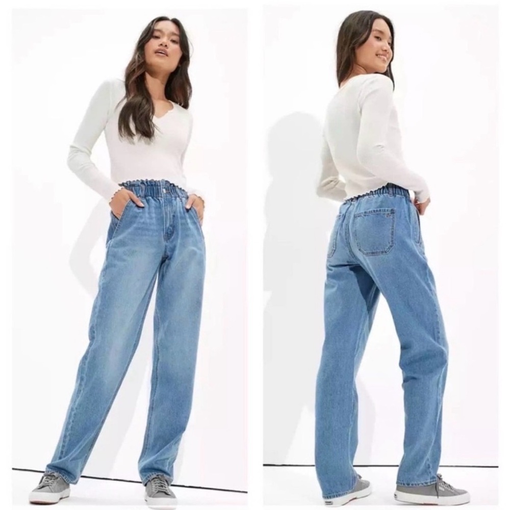 American Eagle Baggy Mom Jean Elastic Paper Bag Waist Denim Size 14